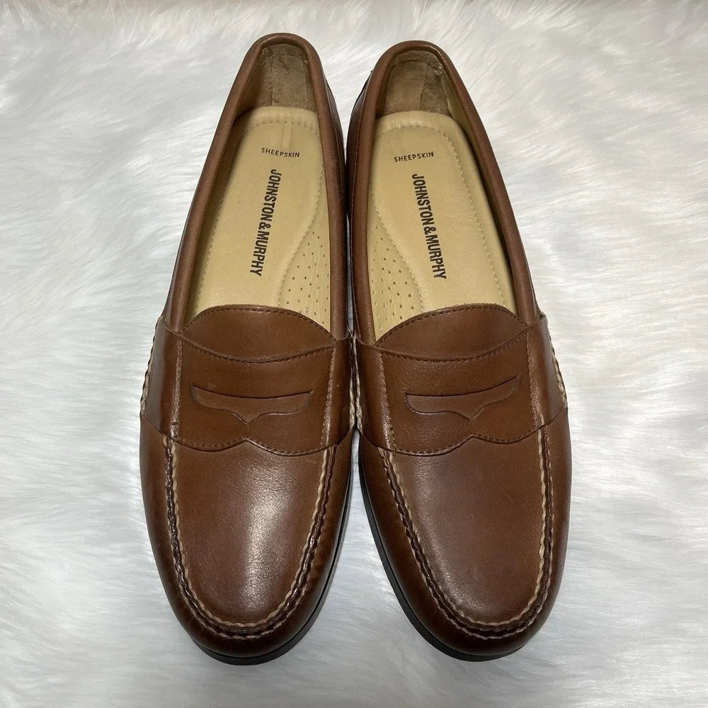 Johnston & Murphy Leather Sheepskin Penny Loafers Mens 10 M Classic Slip On